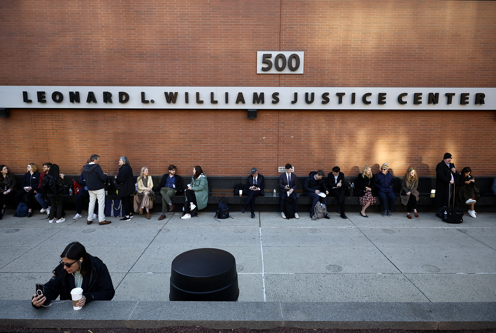 Reporters and members of the public outside of the Leonard Williams Justice Center where Dominion Voting Systems is suing Fox News in Delaware Superior Court today in Wilmington, Delaware.
